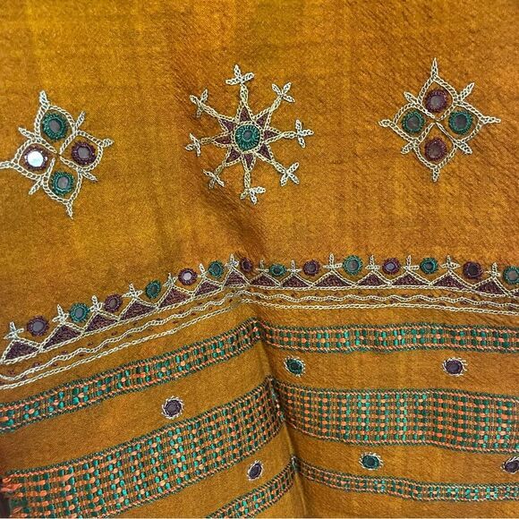 Hand Crafted Embroidered Scarf Made in India Fall Mustard Yellow Boho Detailed - Picture 3 of 4